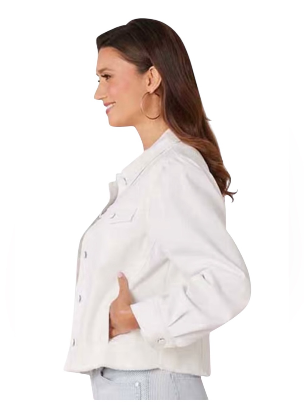 Democracy Optic White Collar Button Down Long Sleeve Cotton blend Denim Jacket - Picture 7 of 8